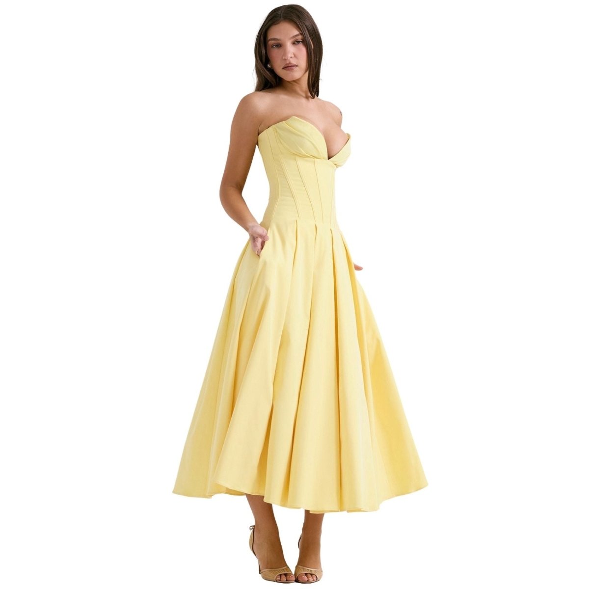 Damenmidikleid mit Korsettoberteil, voluminösem Rock und strukturiertem Design