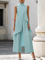 Women's Sleeveless High Neck Layered Wide Leg Jumpsuit