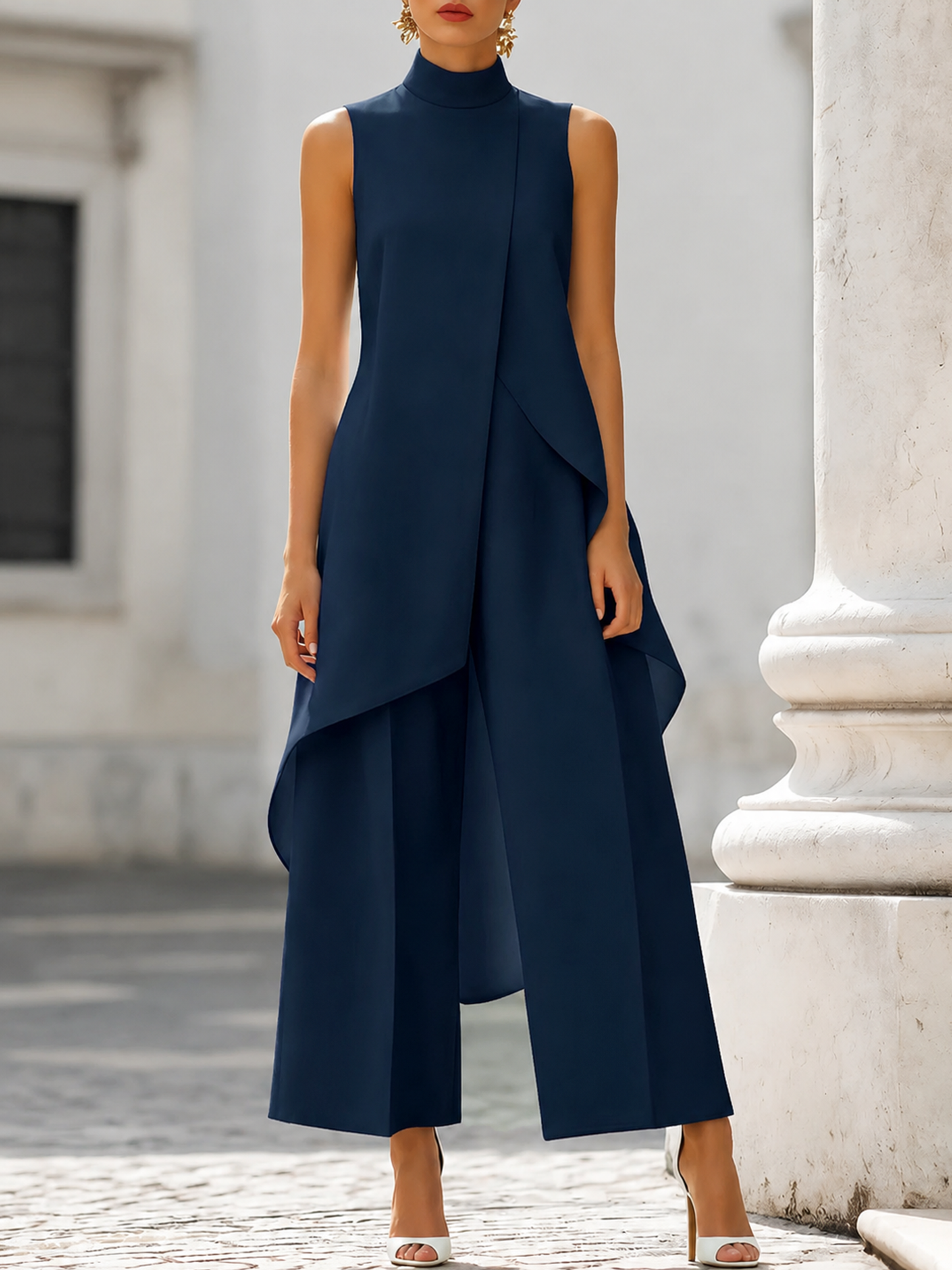 Women's Sleeveless High Neck Layered Wide Leg Jumpsuit