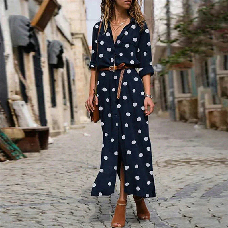 Damen Midikleid mit Polka Dots, Knopfleiste vorne und verstellbarem Taillengürtel