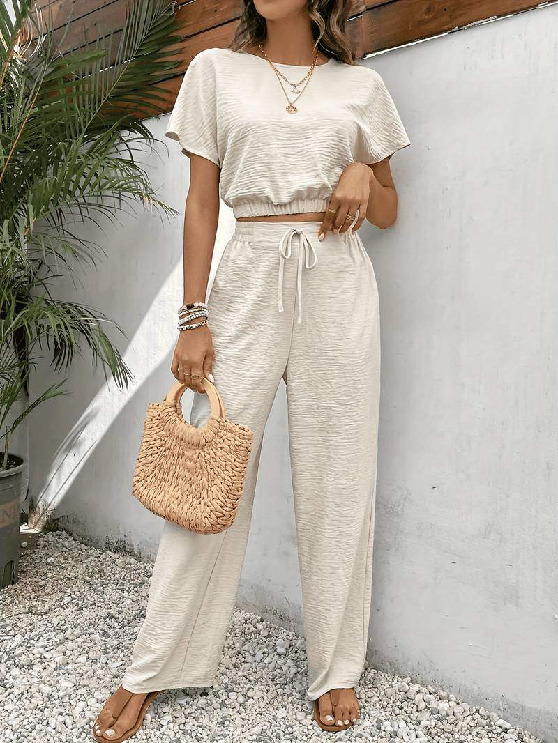 Damen zweiteiliges Set mit Crop-Top und weitem Bein Hose für den Sommer