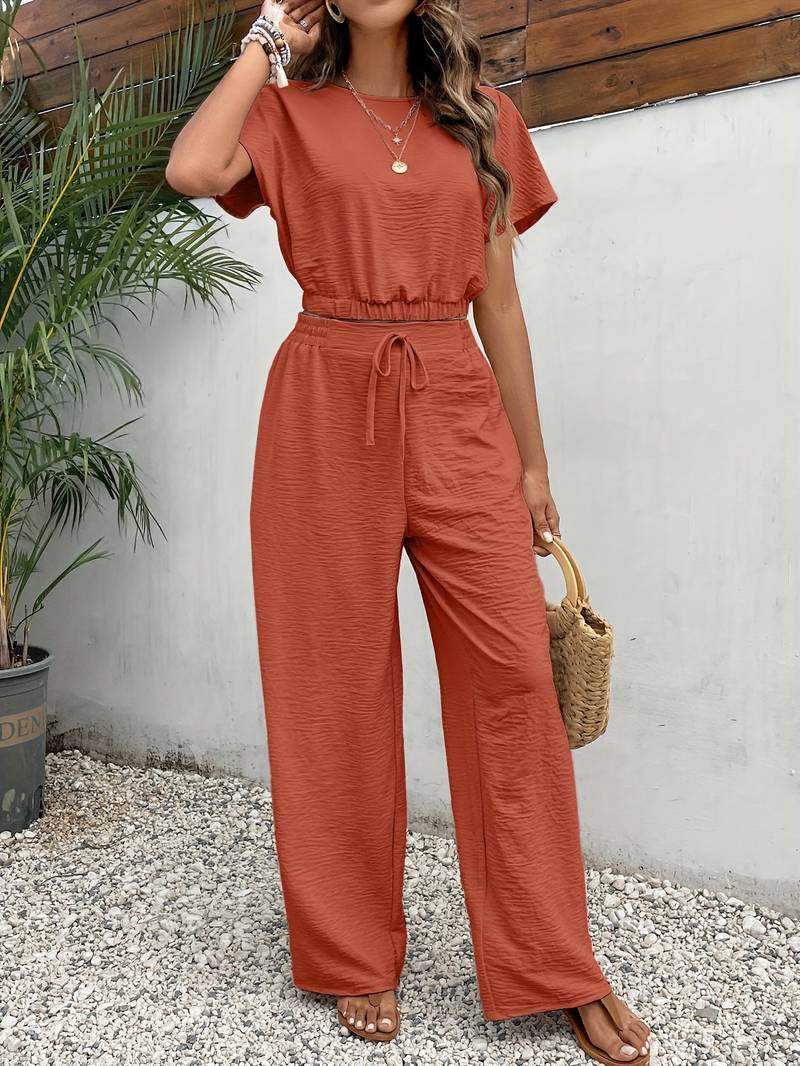 Damen zweiteiliges Set mit Crop-Top und weitem Bein Hose für den Sommer