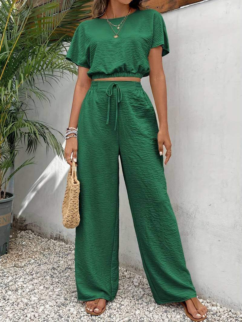 Damen zweiteiliges Set mit Crop-Top und weitem Bein Hose für den Sommer