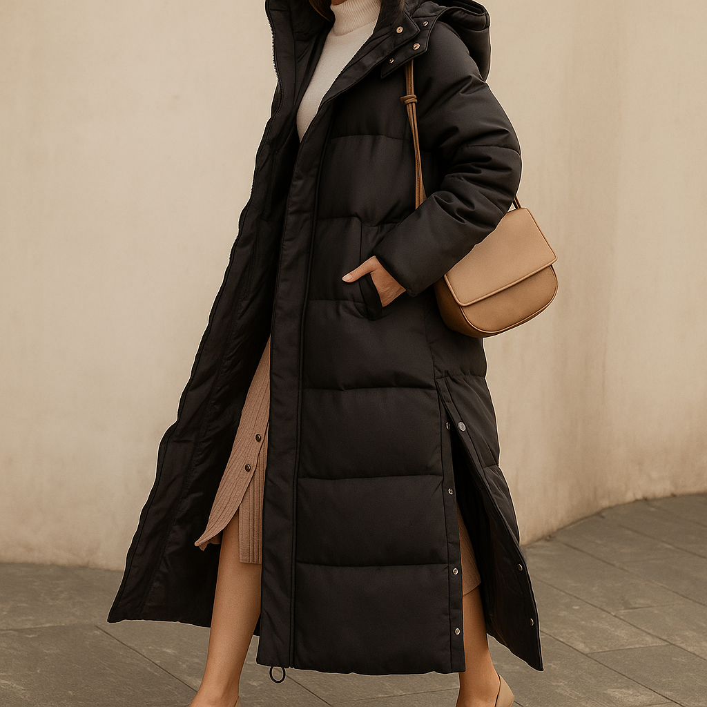 Langer Kapuzen-Puffer-Mantel für Damen