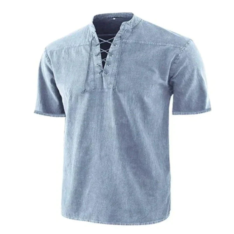 Men's Tie-Dye V-Neck Shirt with Drawstring Detail and Relaxed Fit for Casual Wear