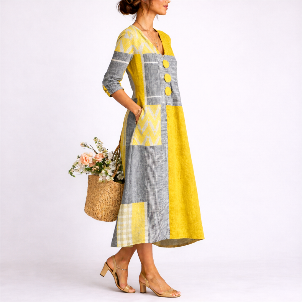 Damen Midi-Kleid mit Farbblock-Patchwork, V-Ausschnitt, dekorativen Knöpfen und Seitentaschen