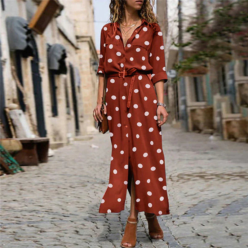 Damen Midikleid mit Polka Dots, Knopfleiste vorne und verstellbarem Taillengürtel