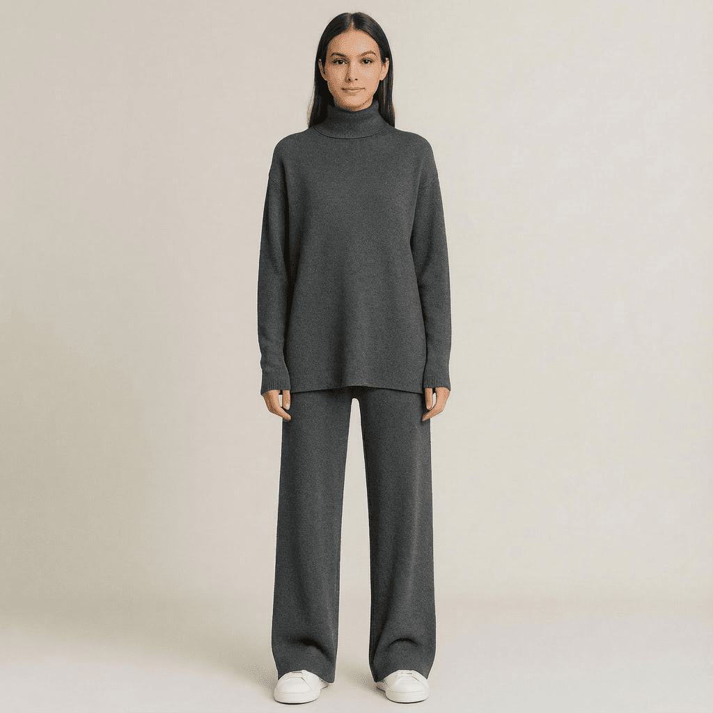 Women's Turtleneck Knit Top and Wide-Leg Pants Set