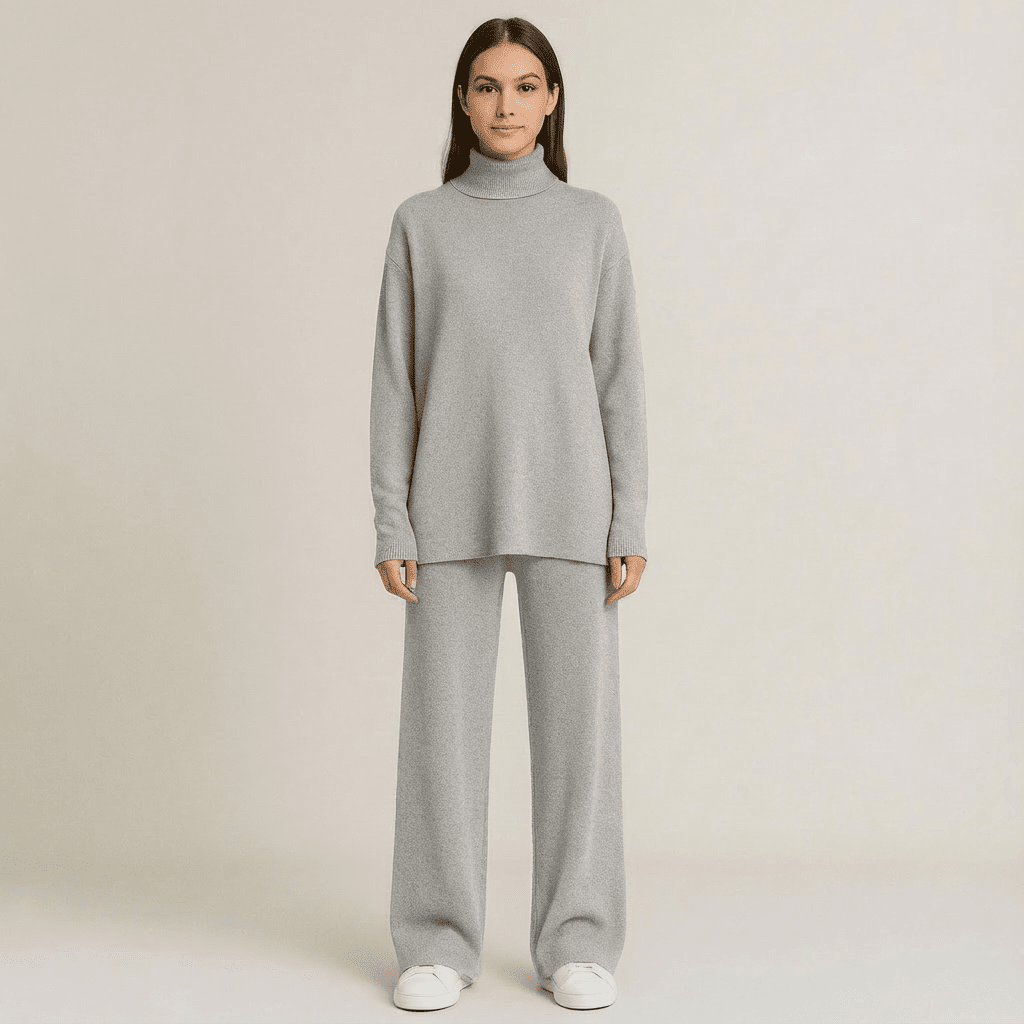 Women's Turtleneck Knit Top and Wide-Leg Pants Set