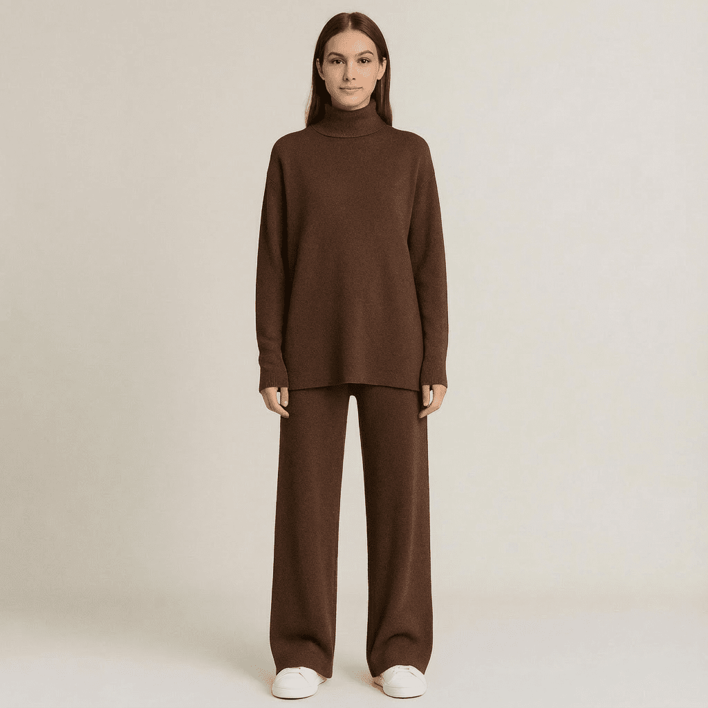 Women's Turtleneck Knit Top and Wide-Leg Pants Set
