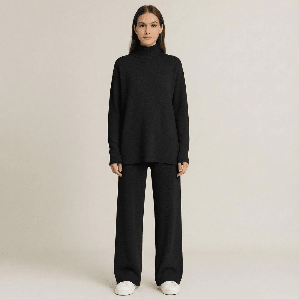 Women's Turtleneck Knit Top and Wide-Leg Pants Set