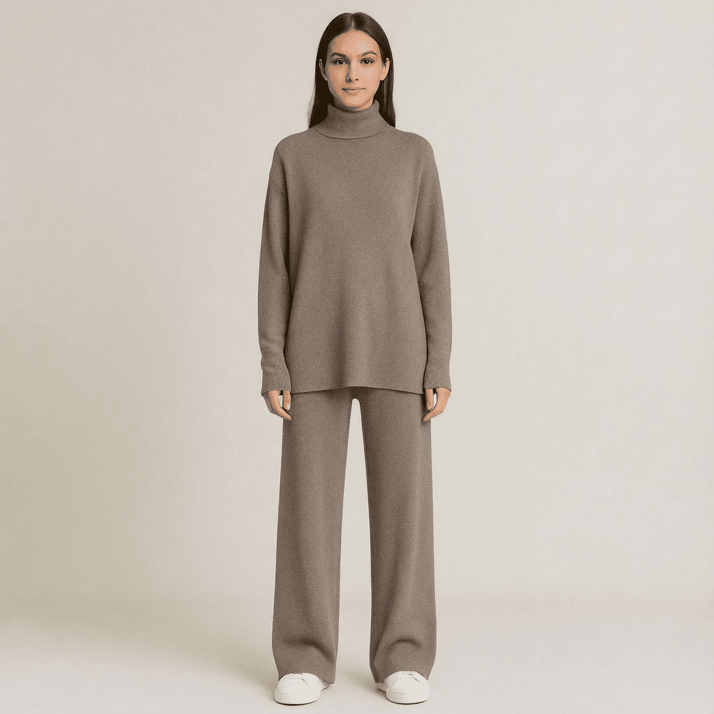 Women's Turtleneck Knit Top and Wide-Leg Pants Set