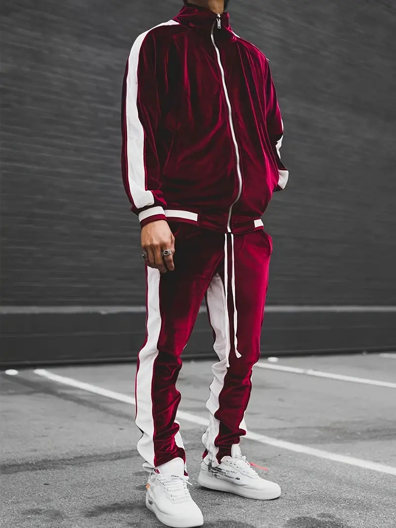 Survêtement en velours pour homme en deux pièces avec veste zippée et pantalon de jogging