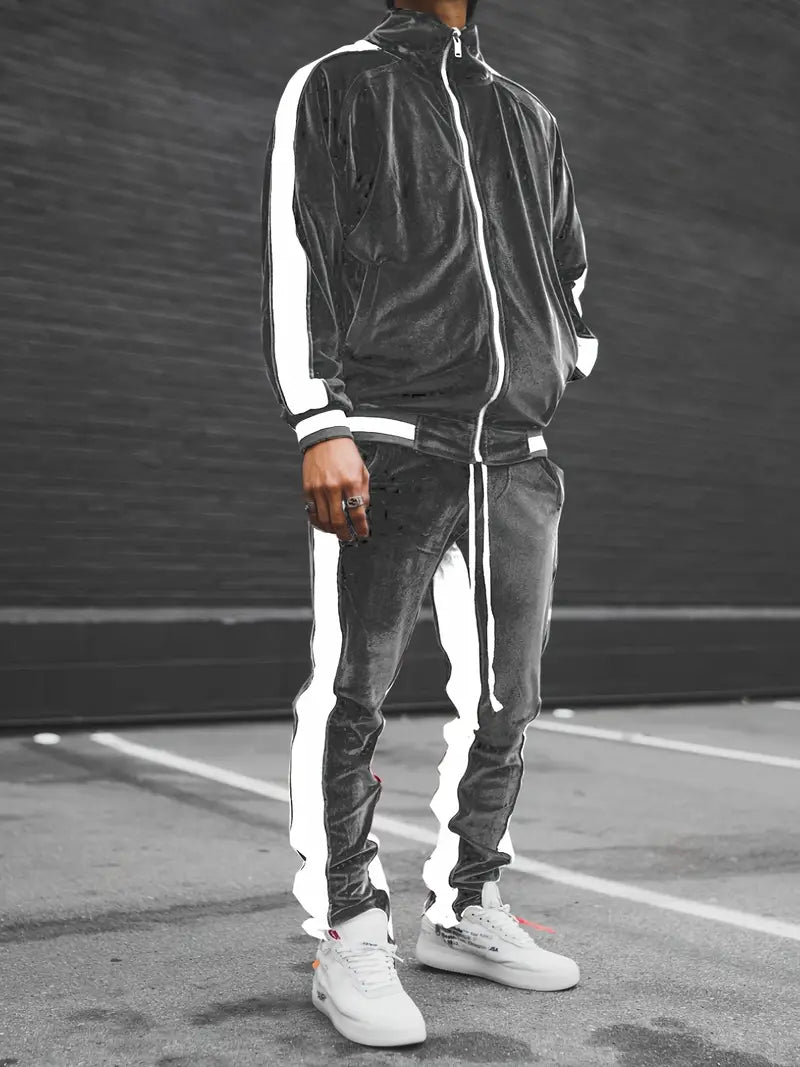 Survêtement en velours pour homme en deux pièces avec veste zippée et pantalon de jogging