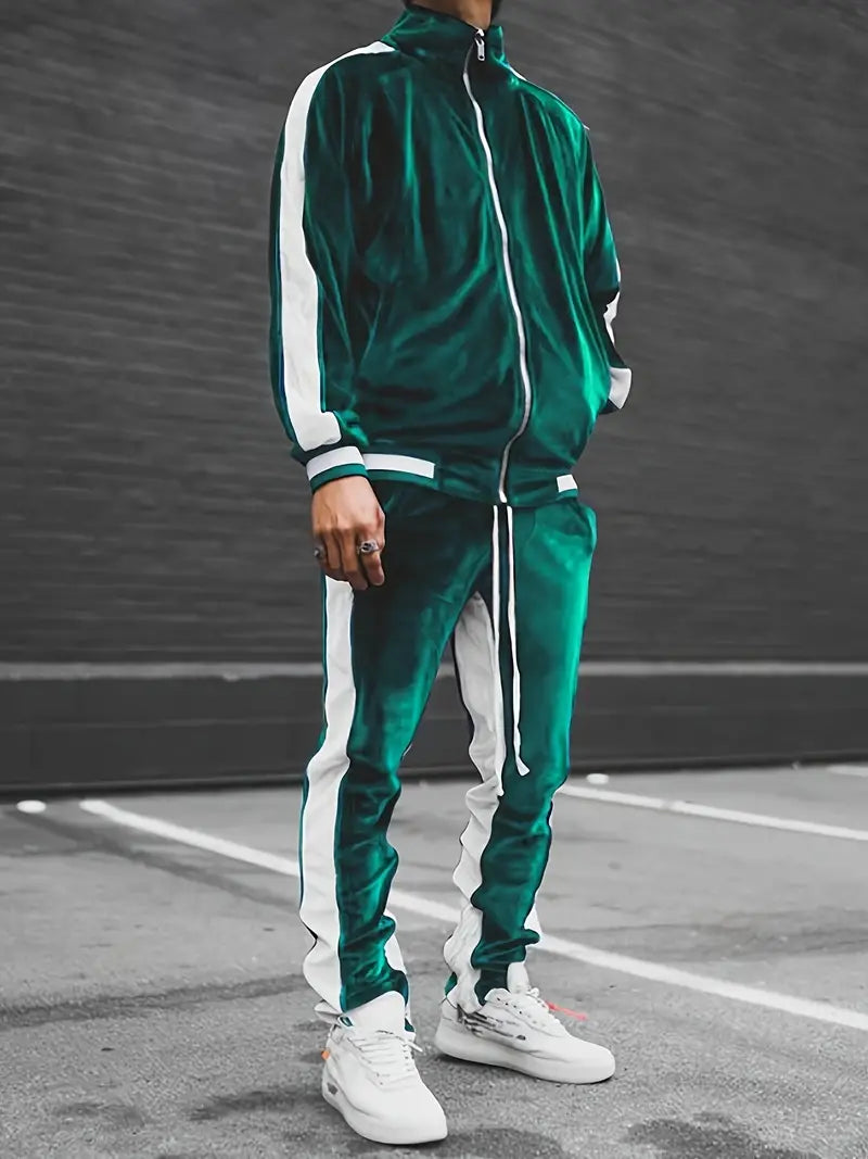 Survêtement en velours pour homme en deux pièces avec veste zippée et pantalon de jogging