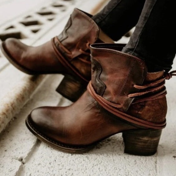 Women Ankle Boots with Block Heel and Wrap Around Strap Detail