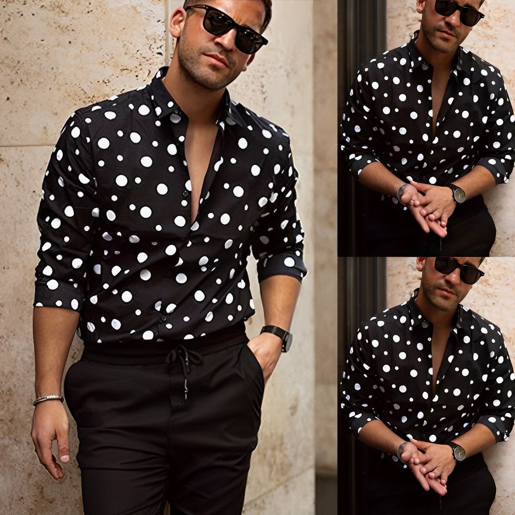 Herrenhemd mit Polka-Dots, Stehkragen und langen Ärmeln