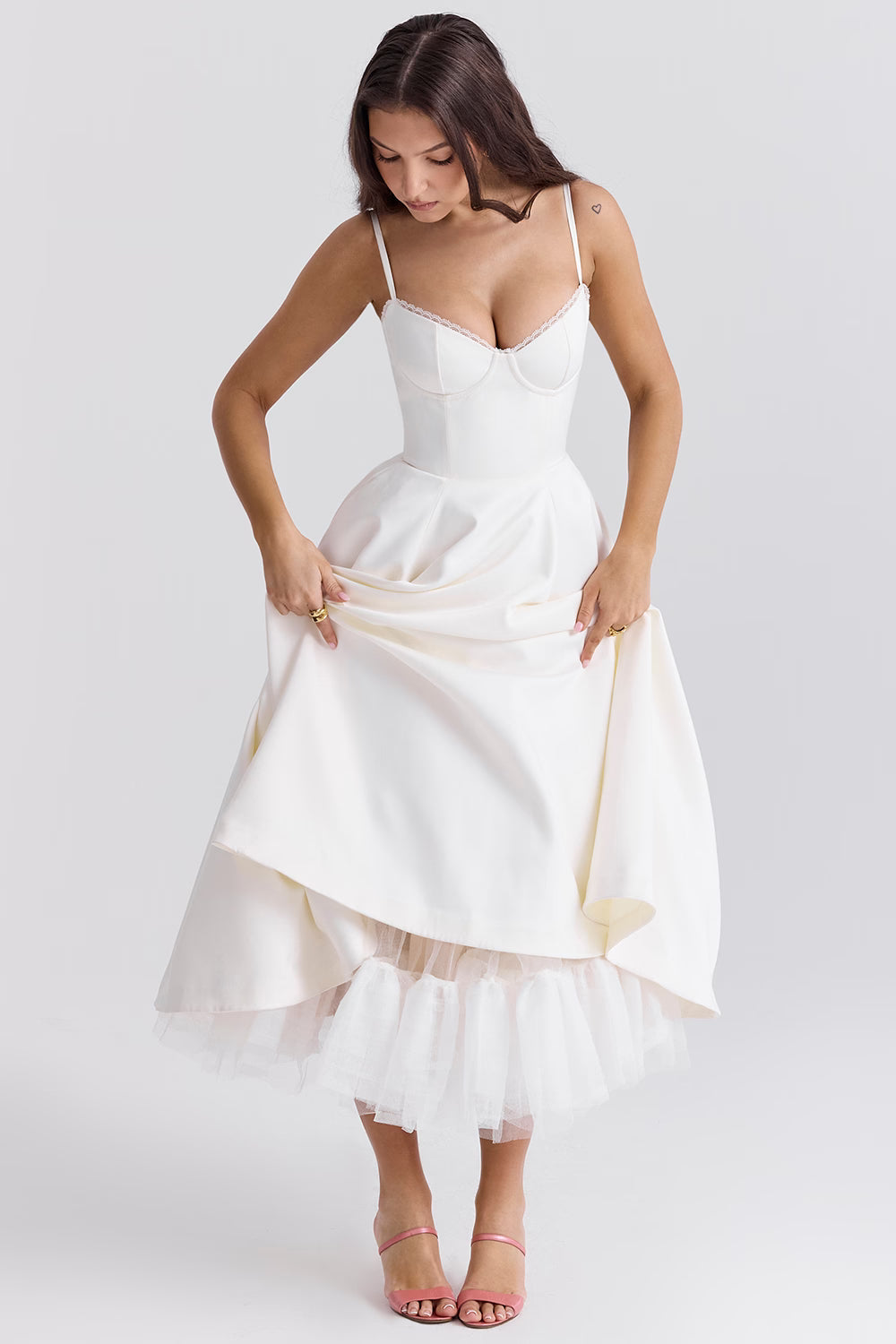 Damen Midikleid mit Korsett, Tüllrock und strukturiertem Oberteil