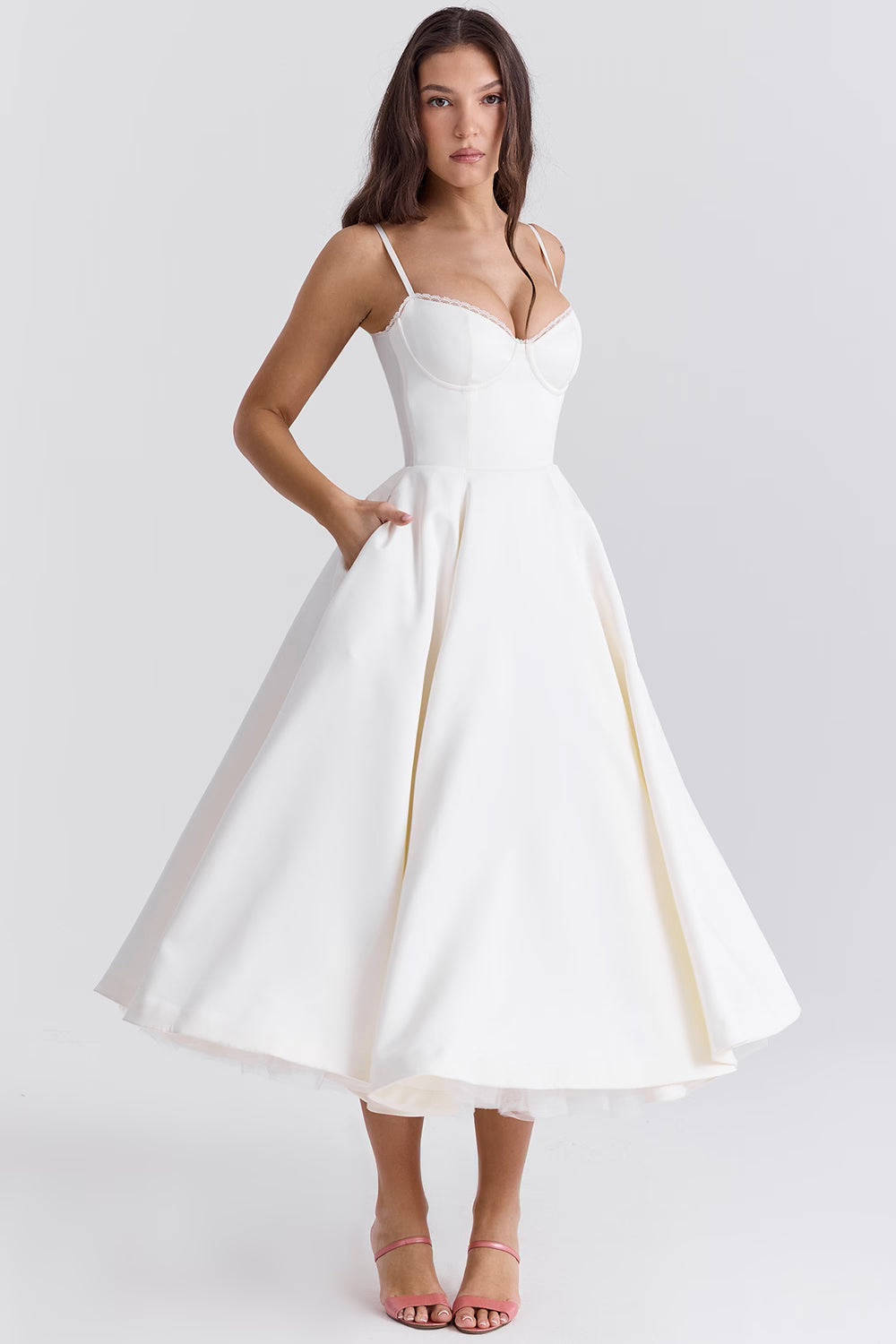 Women's Corset Midi Dress with Tulle Skirt and Structured Bodice Design
