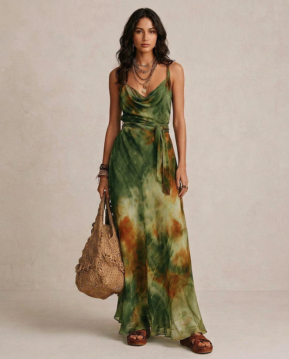 Women's Tie Waist Cowl Neck Maxi Dress