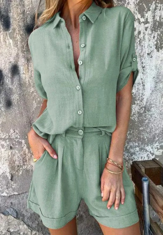 Women's Relaxed Button-Up Shirt and Tailored Shorts Co-Ord Set