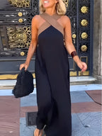 Women's Colorblock Halter Maxi Dress with Cross-Neck Detail