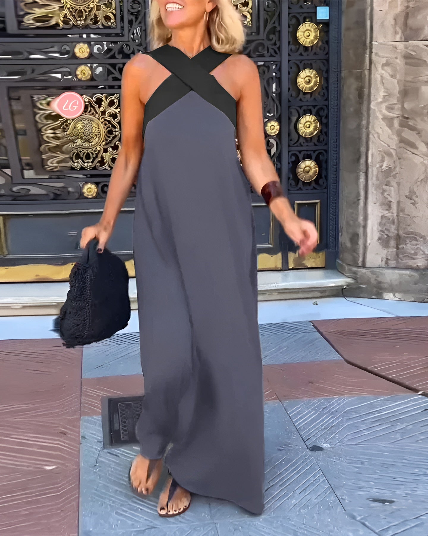 Women's Colorblock Halter Maxi Dress with Cross-Neck Detail