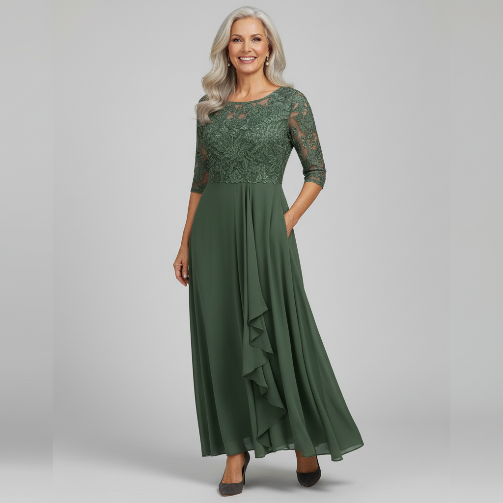 Elegantes Damen-Midikleid aus Spitze und Chiffon mit dreiviertel Ärmeln, Rundhalsausschnitt und fließendem, mehrlagigem Rock