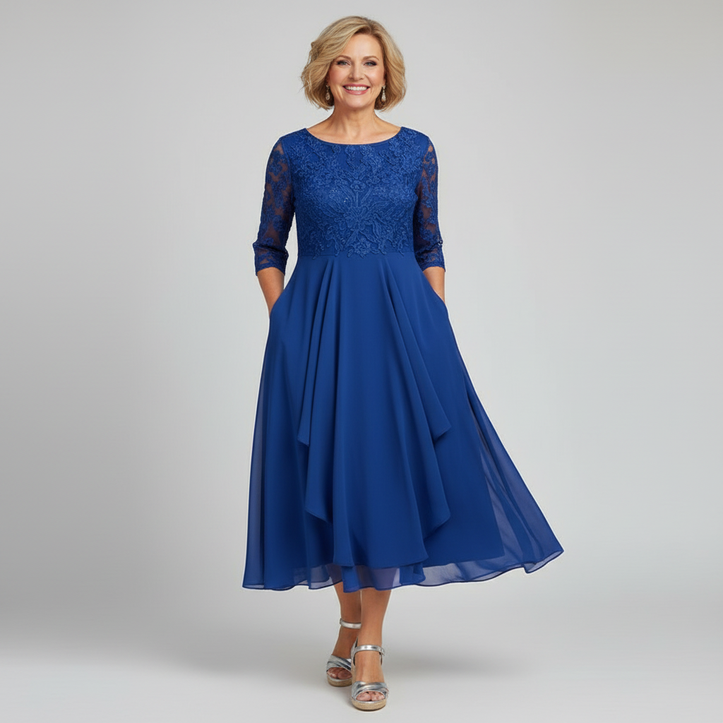 Elegantes Damen-Midikleid aus Spitze und Chiffon mit dreiviertel Ärmeln, Rundhalsausschnitt und fließendem, mehrlagigem Rock