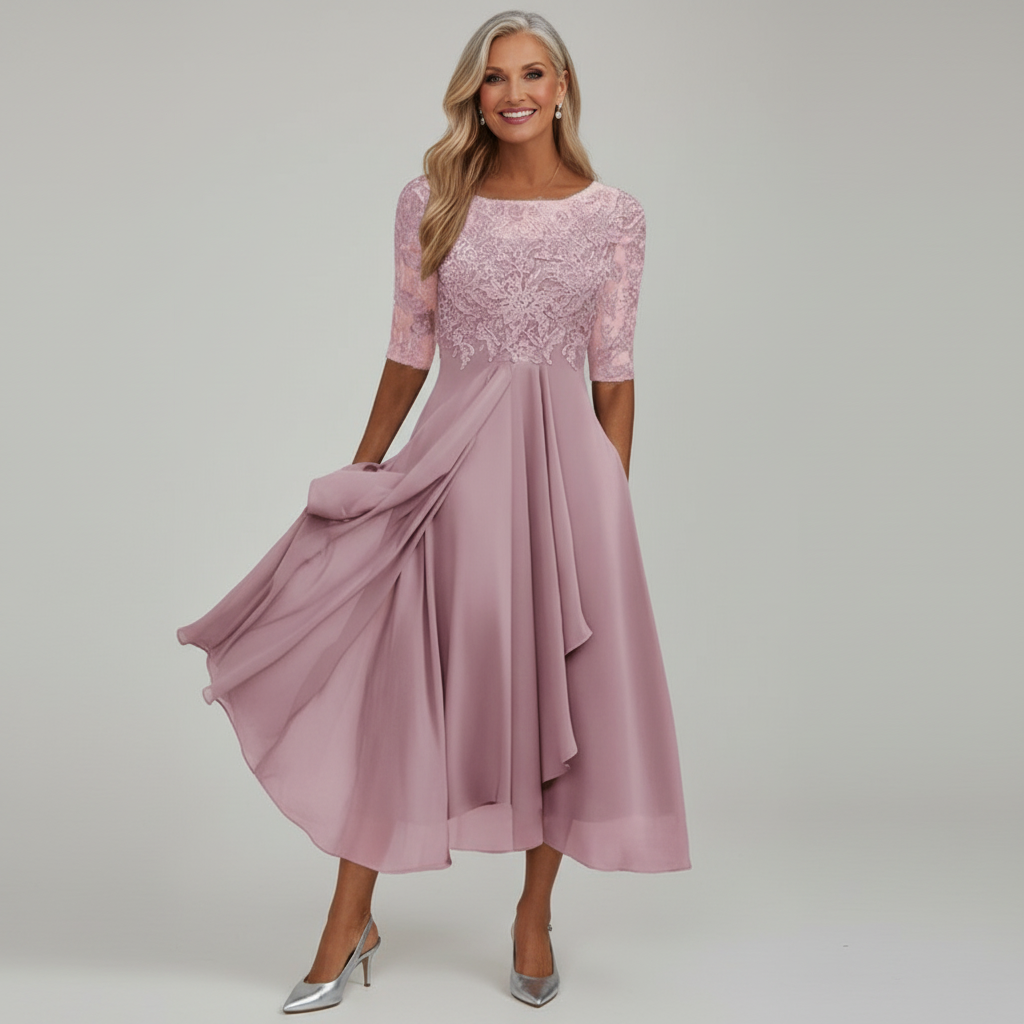 Elegantes Damen-Midikleid aus Spitze und Chiffon mit dreiviertel Ärmeln, Rundhalsausschnitt und fließendem, mehrlagigem Rock