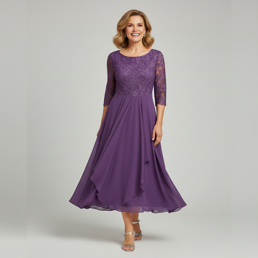 Elegantes Damen-Midikleid aus Spitze und Chiffon mit dreiviertel Ärmeln, Rundhalsausschnitt und fließendem, mehrlagigem Rock