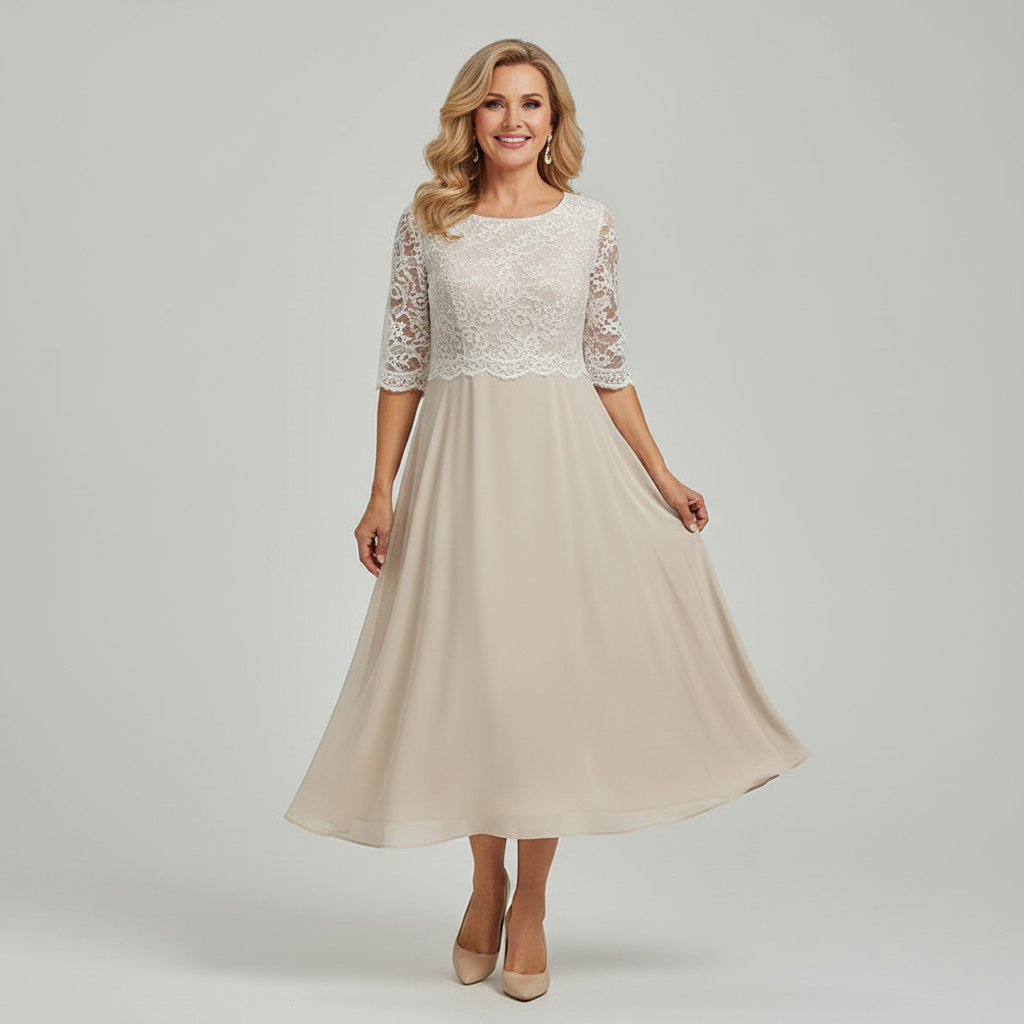 Elegantes Damen-Midikleid aus Spitze und Chiffon mit dreiviertel Ärmeln, Rundhalsausschnitt und fließendem, mehrlagigem Rock