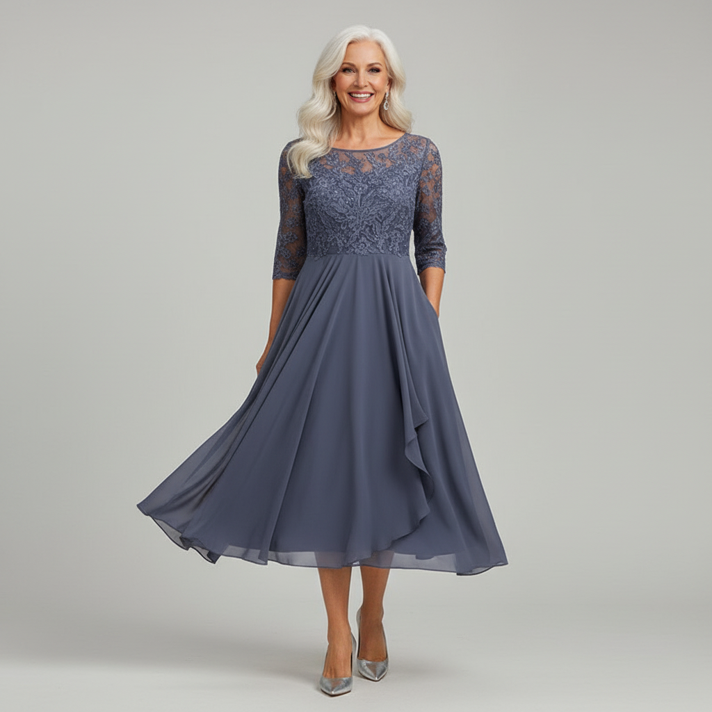 Elegantes Damen-Midikleid aus Spitze und Chiffon mit dreiviertel Ärmeln, Rundhalsausschnitt und fließendem, mehrlagigem Rock