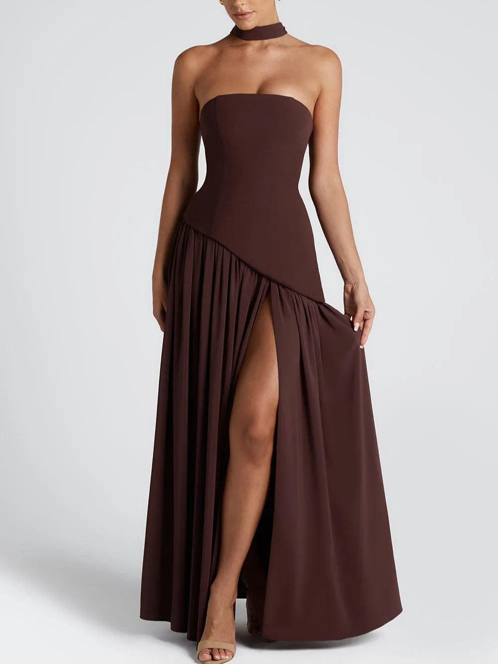 Women Elegant Maxi Dress with Strapless Design and Flowing Chiffon Skirt