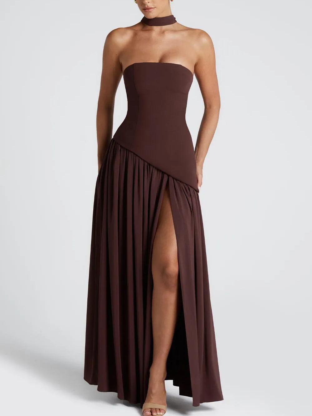 Damen elegantes Maxikleid mit trägerlosem Design und fließendem Chiffonrock
