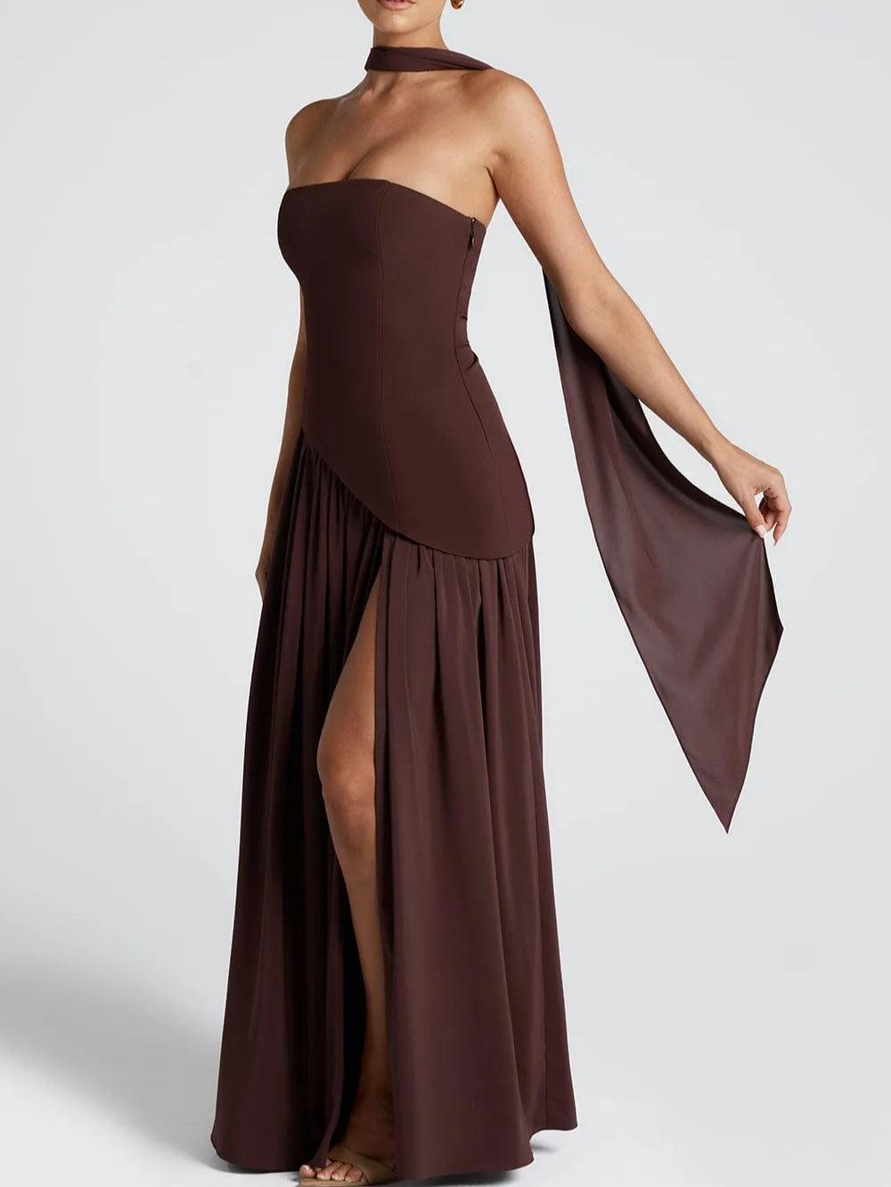 Damen elegantes Maxikleid mit trägerlosem Design und fließendem Chiffonrock