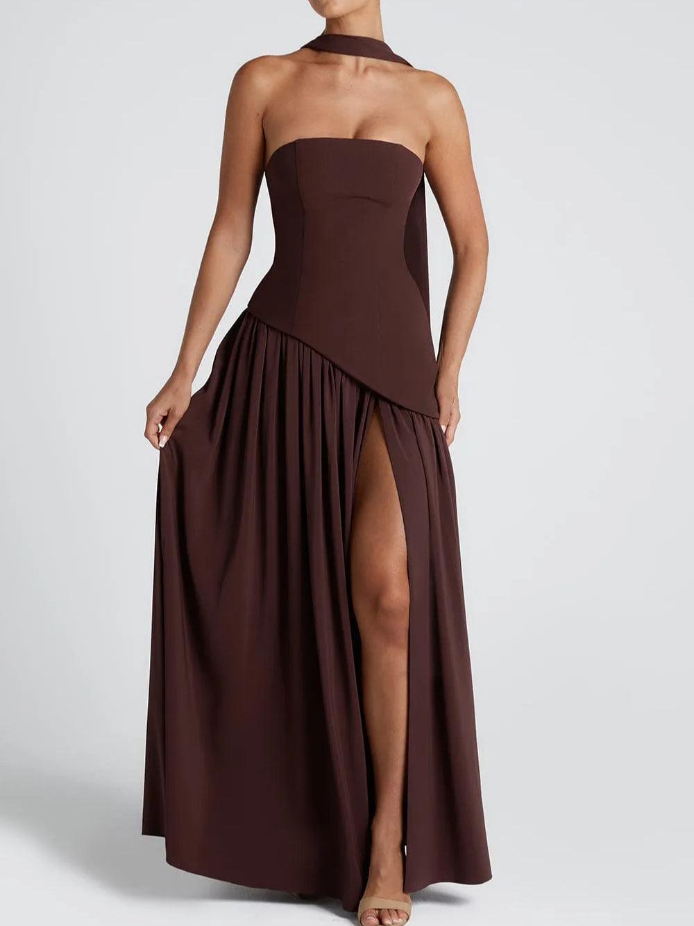 Damen elegantes Maxikleid mit trägerlosem Design und fließendem Chiffonrock