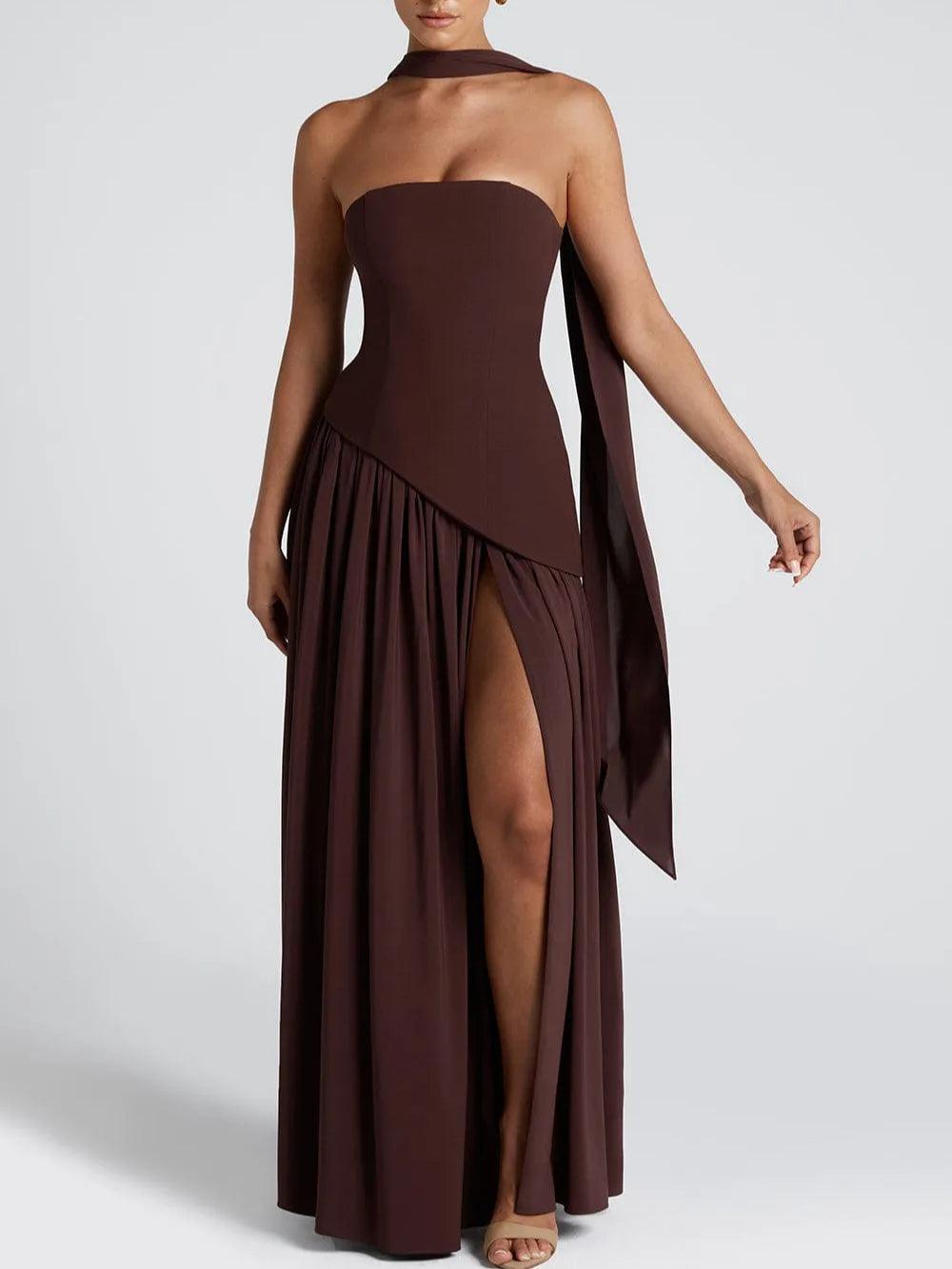Damen elegantes Maxikleid mit trägerlosem Design und fließendem Chiffonrock