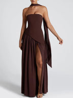 Damen elegantes Maxikleid mit trägerlosem Design und fließendem Chiffonrock