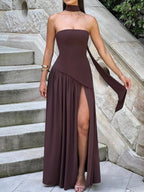 Damen elegantes Maxikleid mit trägerlosem Design und fließendem Chiffonrock