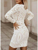 Women's Elegant Bodycon Mini Dress with V-Neck, Long Sleeves and Geometric Jacquard Pattern