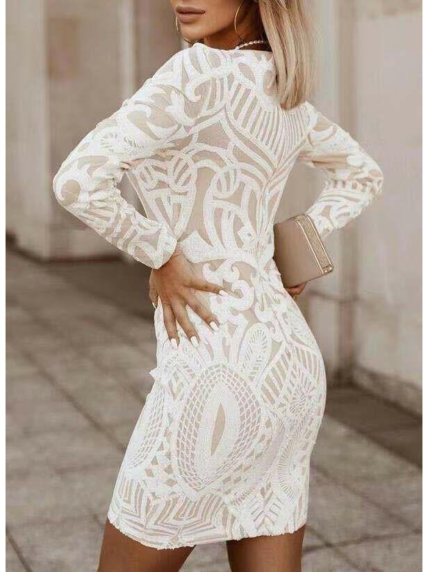 Women's Elegant Bodycon Mini Dress with V-Neck, Long Sleeves and Geometric Jacquard Pattern