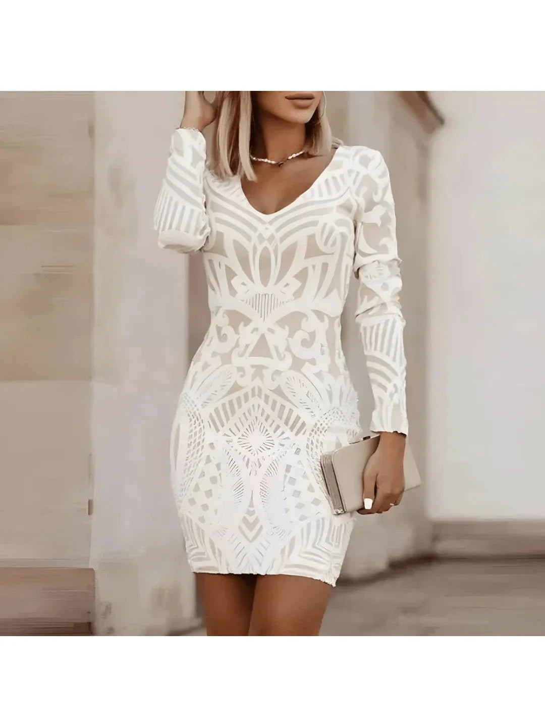 Women's Elegant Bodycon Mini Dress with V-Neck, Long Sleeves and Geometric Jacquard Pattern