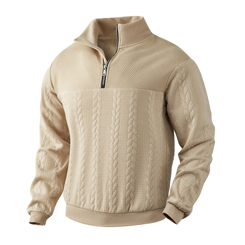 Kabelstrikket sweater til mænd med kvart lynlås