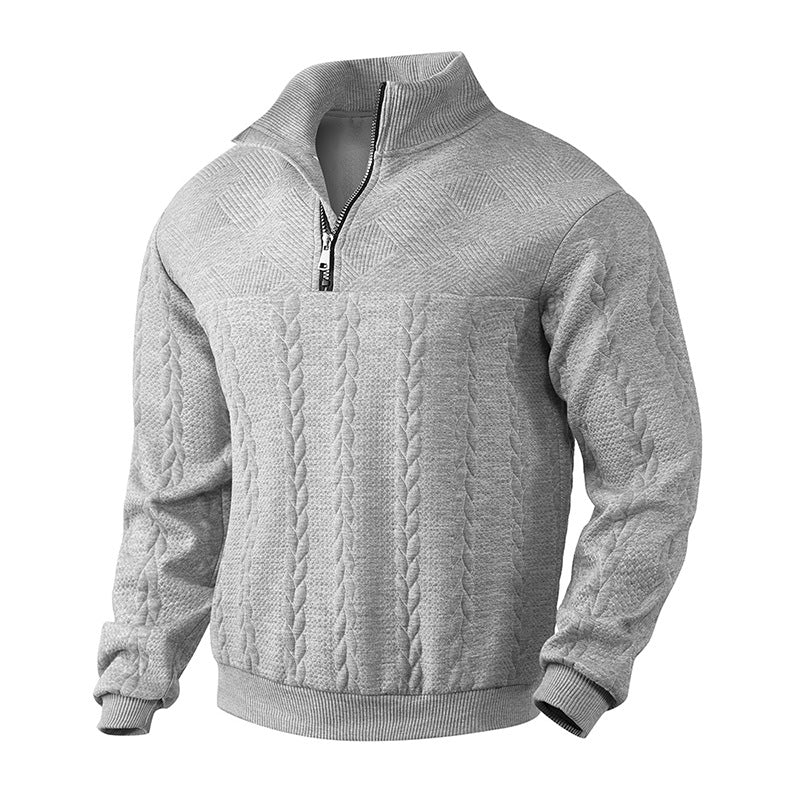 Kabelstrikket sweater til mænd med kvart lynlås