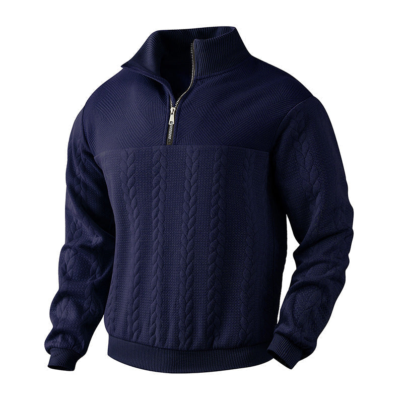Kabelstrikket sweater til mænd med kvart lynlås