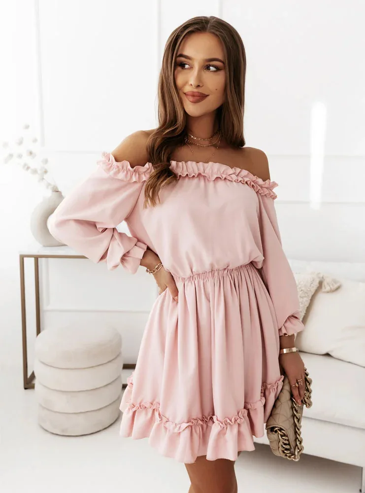 Women's Off-Shoulder Ruffle Mini Dress with Long Puff Sleeves