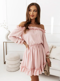 Women's Off-Shoulder Ruffle Mini Dress with Long Puff Sleeves