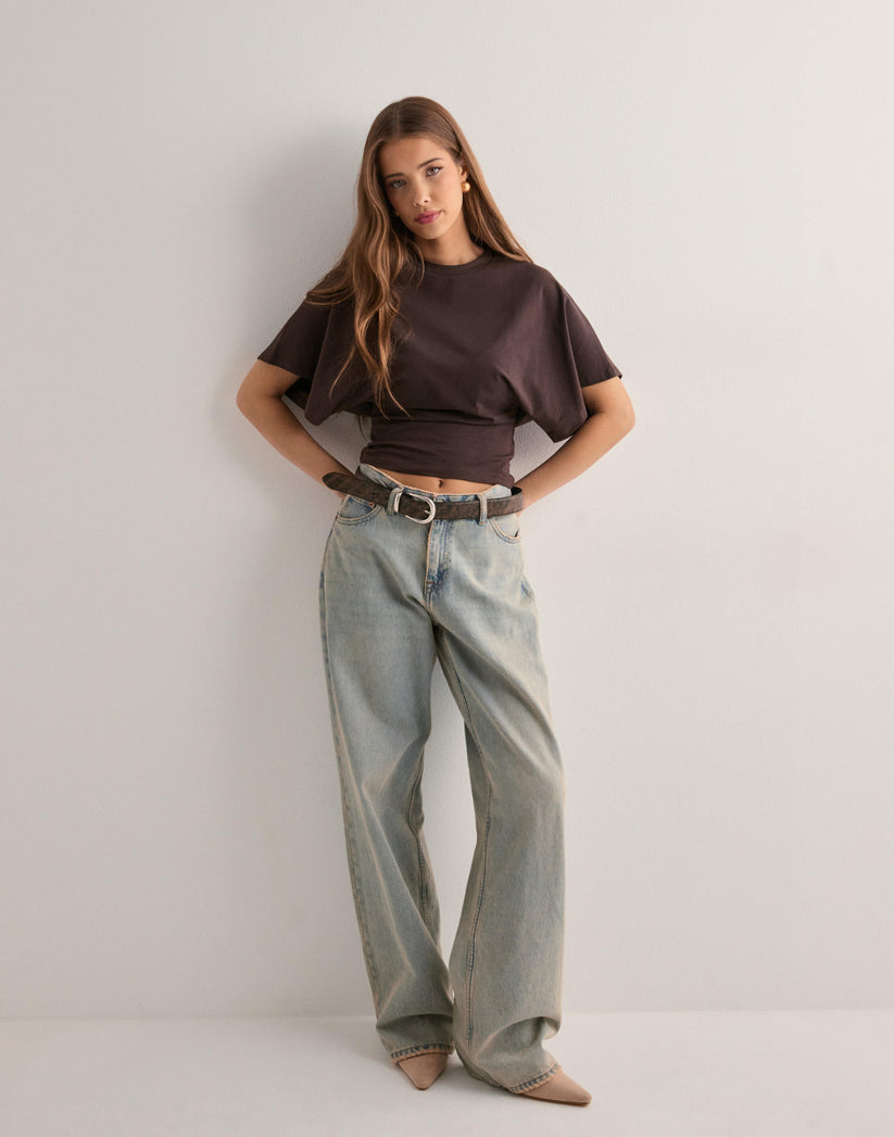 Women's Batwing Sleeve Cinched Waist T-Shirt with Relaxed Fit and Crew Neck