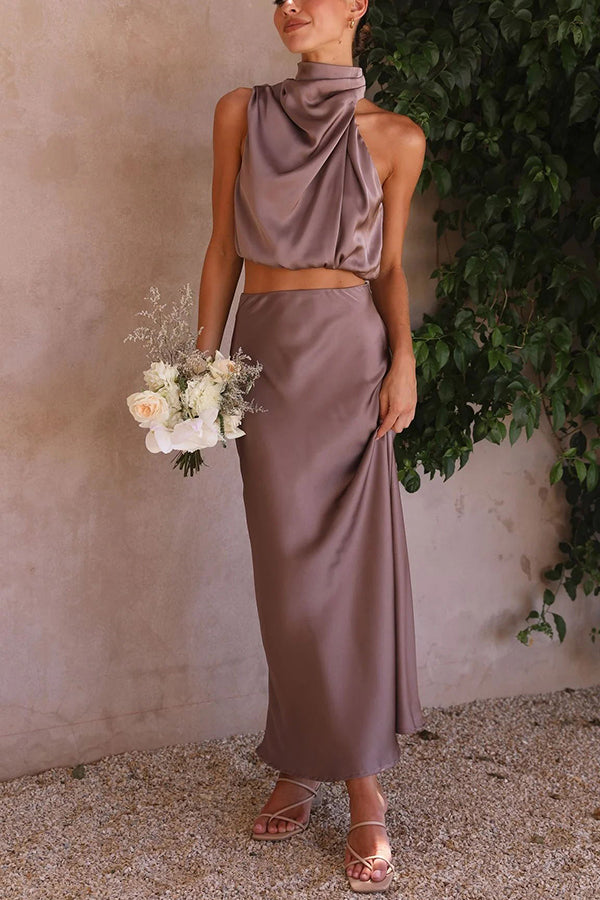 Women's Satin Two-Piece Set with Halter Top and Maxi Skirt for Elegant Occasions